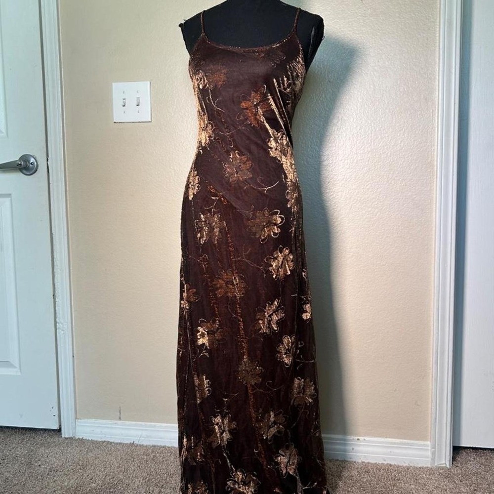 Vintage Sarah USA Floral Embroidered Maxi Dress Brown Gold Y2K Small